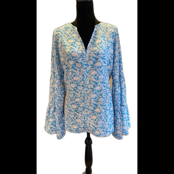 Tops - Womens Blouse Plus Size XL Blue Flowy Boho Peasant Bell Sleeve Casual Feminine